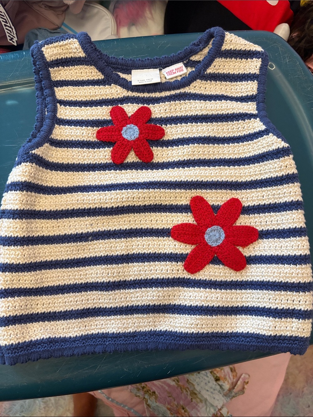 ZARA Striped Knit Tank Top with Red Flower Appliqués - SIZE 6
